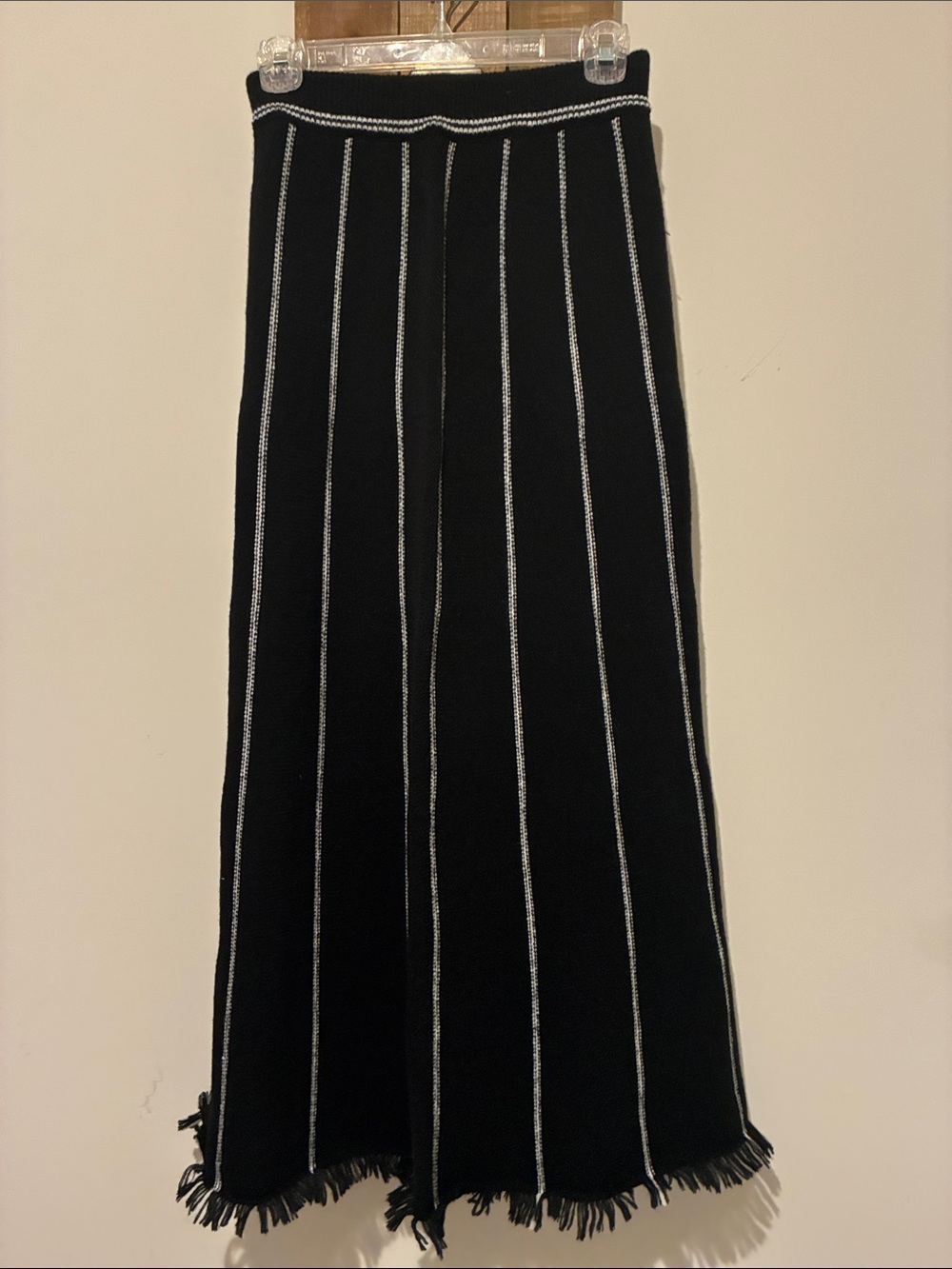Fox Black Maxi Knit Skirt with White Pinstripes and Fringe Hem